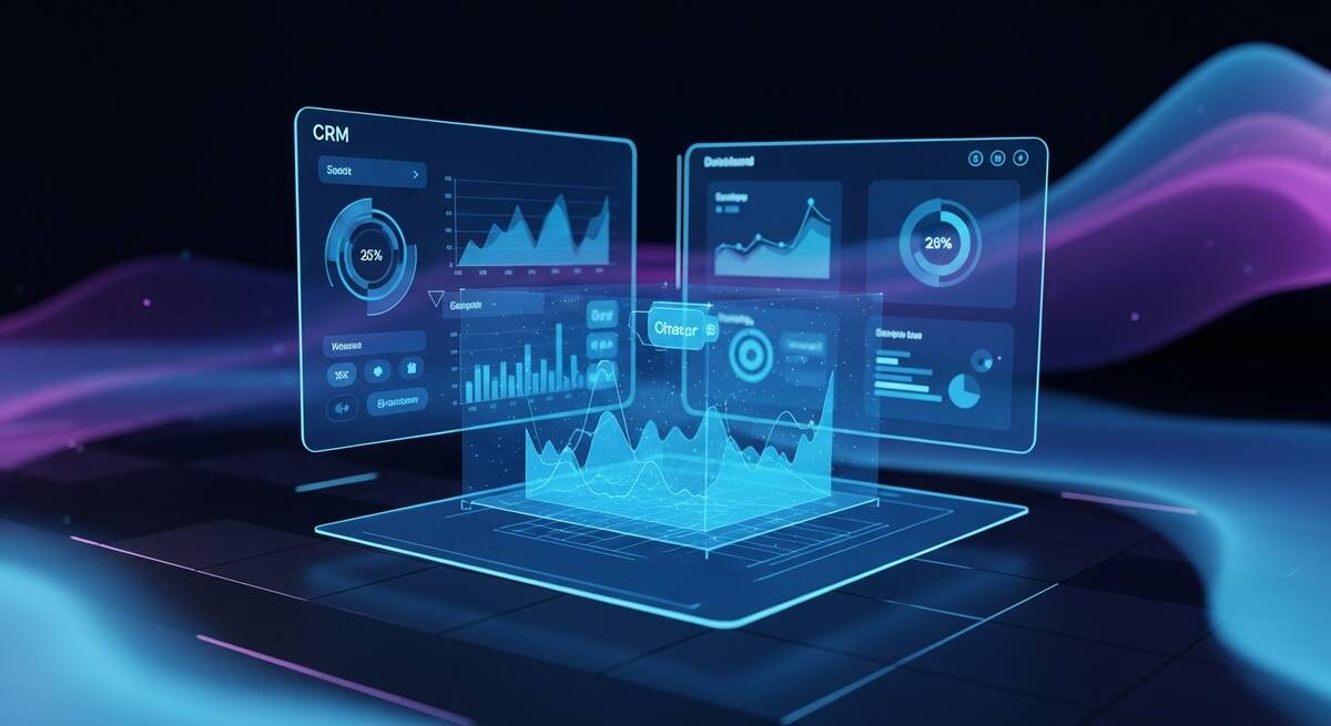 Illustration of CRM dashboards with sales charts and analytics